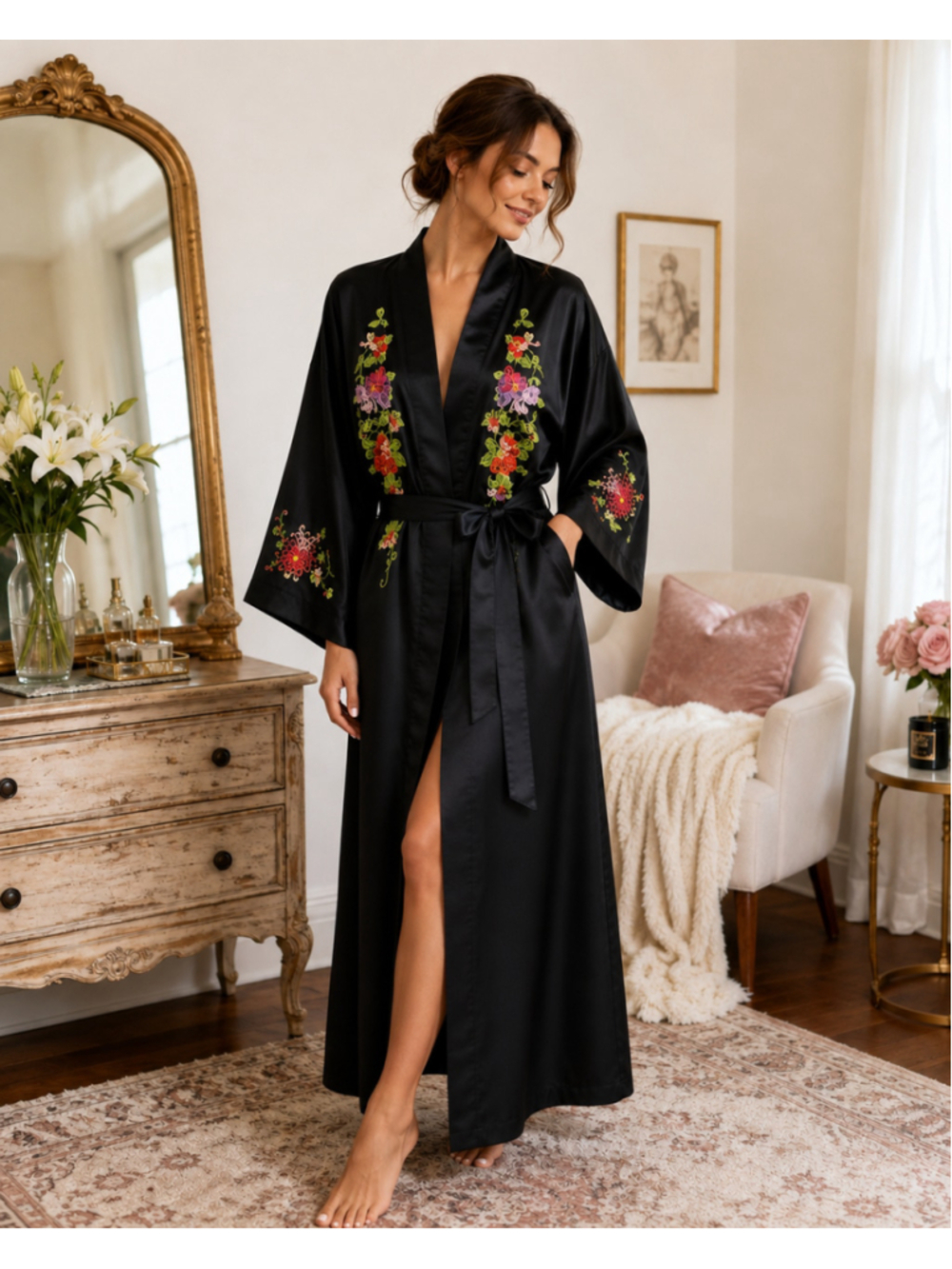 Vintage Golden Bee Black Satin Embroidered Floral Kimono Size M Robe Long Belted
